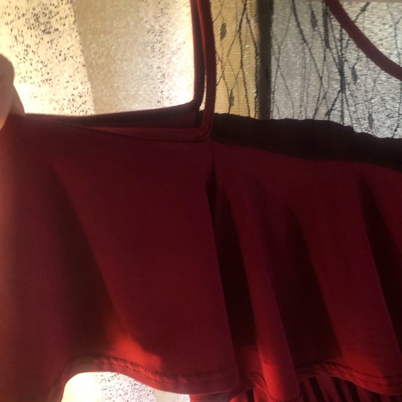 Jumpsuit, burgundy with black lace, open shoulder. Silky feel; generous stretch. - Picture 3 of 6